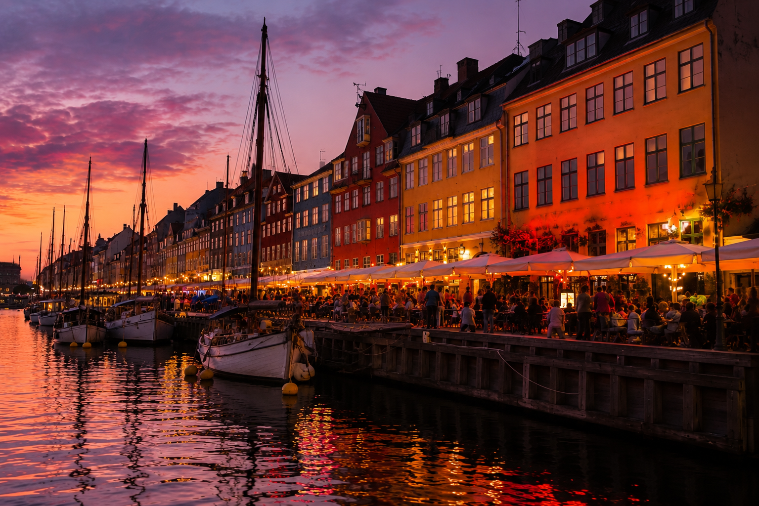 Porto colorato di Nyhavn a Copenaghen al tramonto