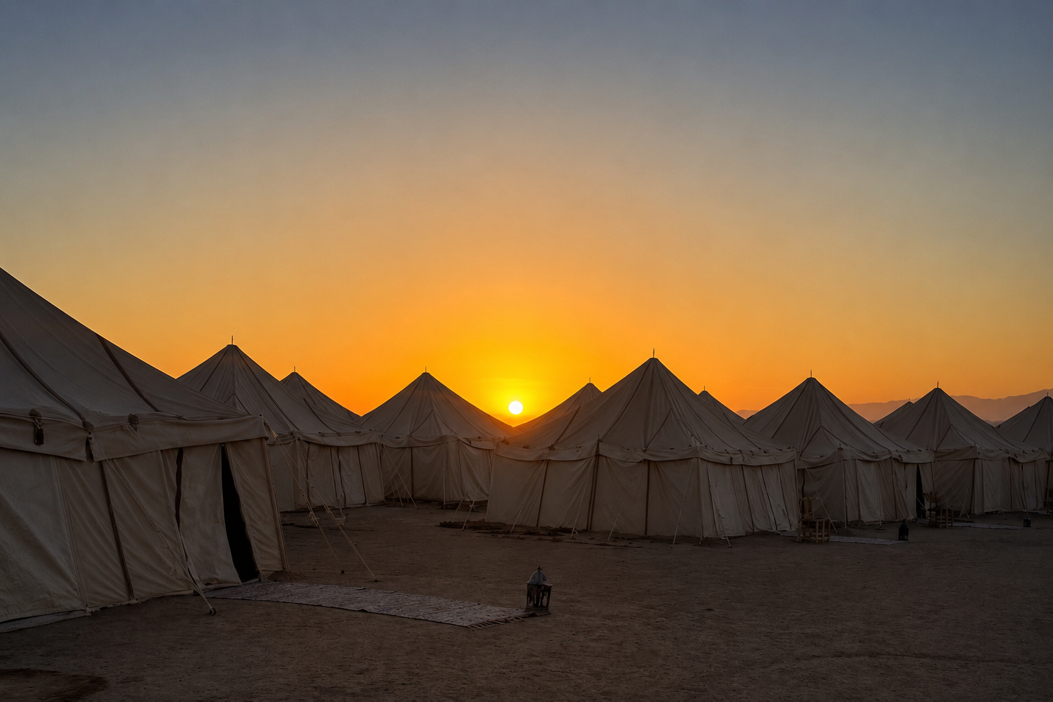 Tende nel deserto del Marocco all'alba con il sole che sorge