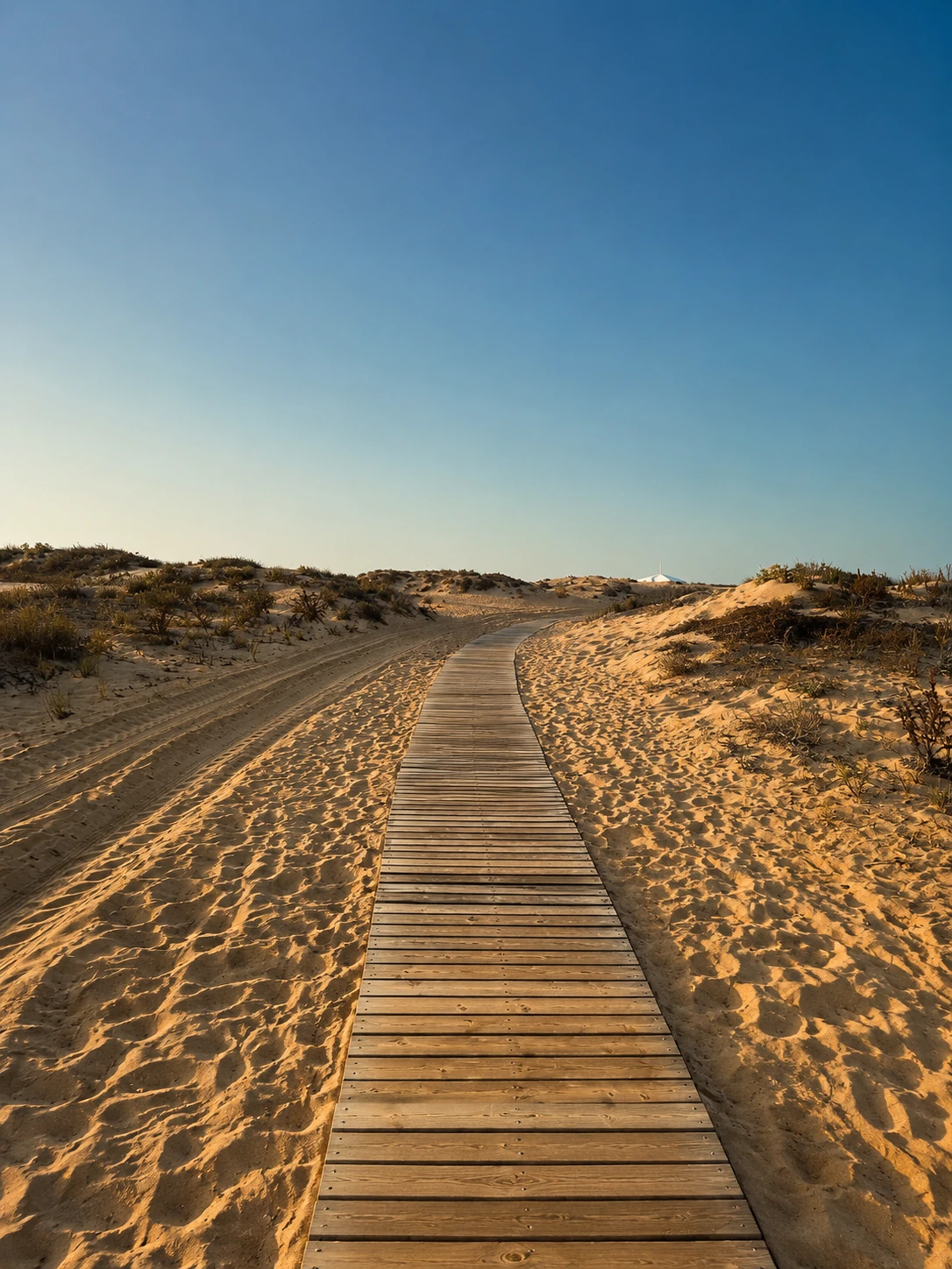 Passerella in legno tra le dune verso una spiaggia solitaria in Sicilia